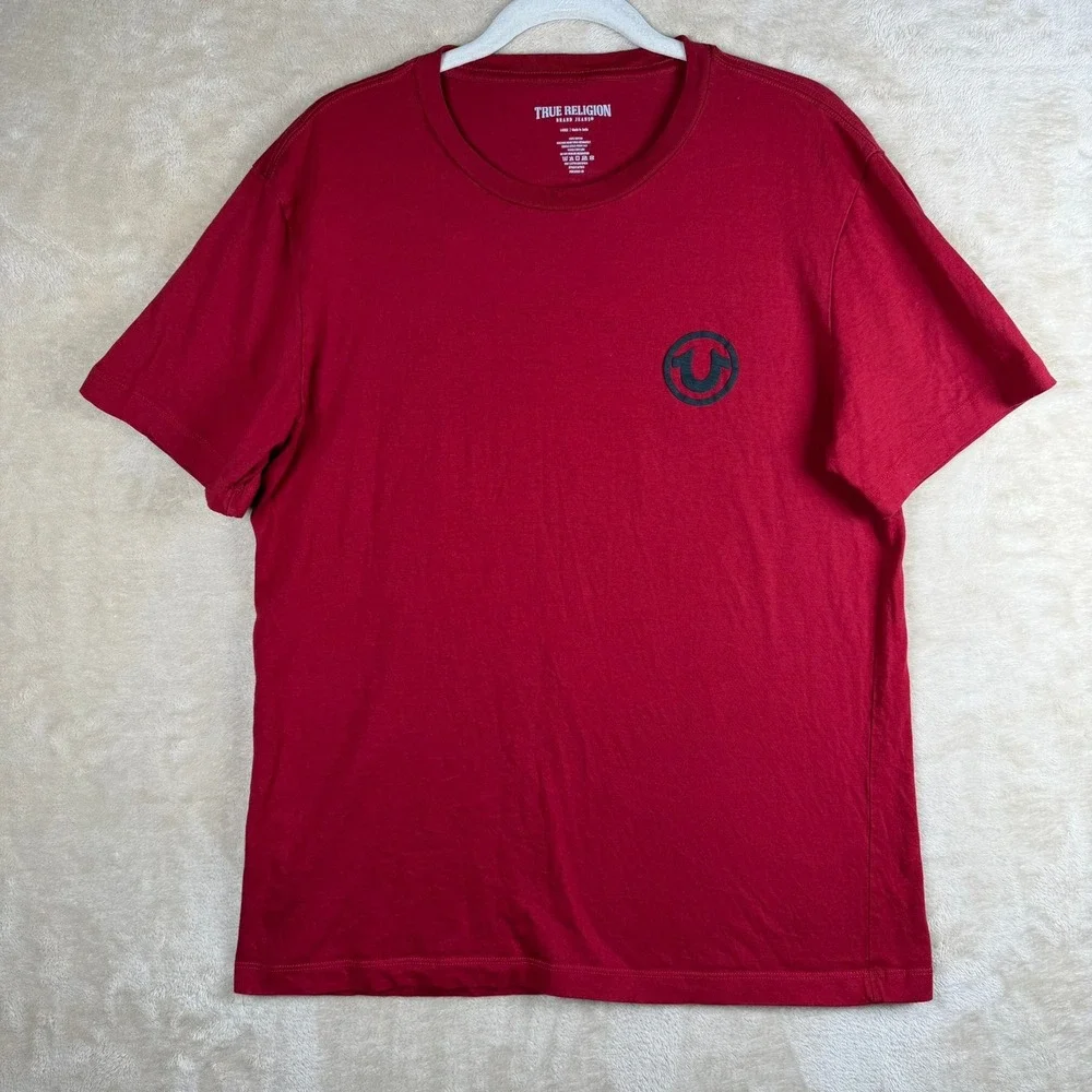 True Religion Mens L Red Buddha Graphic Horseshoe Logo T-Shirt Hip Hop Y2K Retro